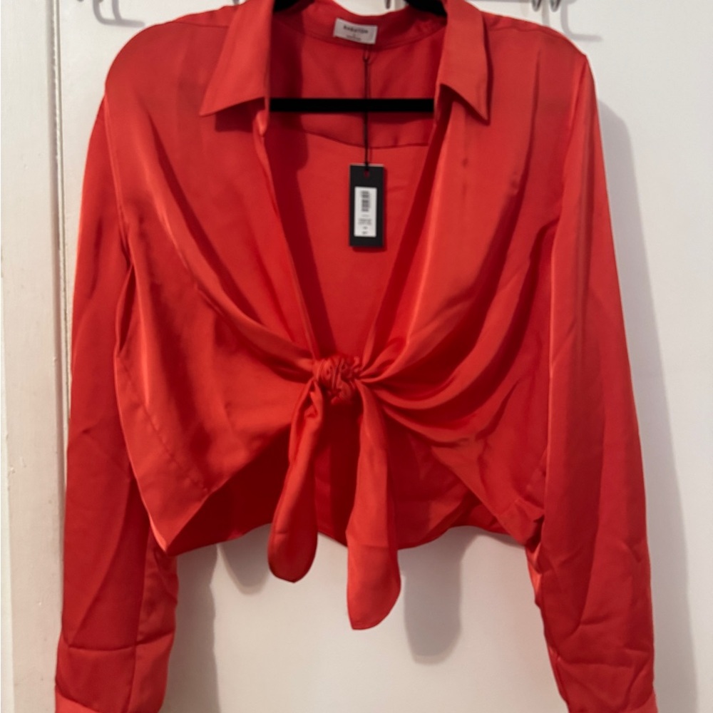 Babaton Red Satin Tie-Front Blouse